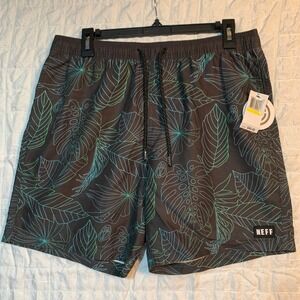 Neff Mens Tropical Monstera Leaf Print Board Shorts Black Teal Green Medium NWT